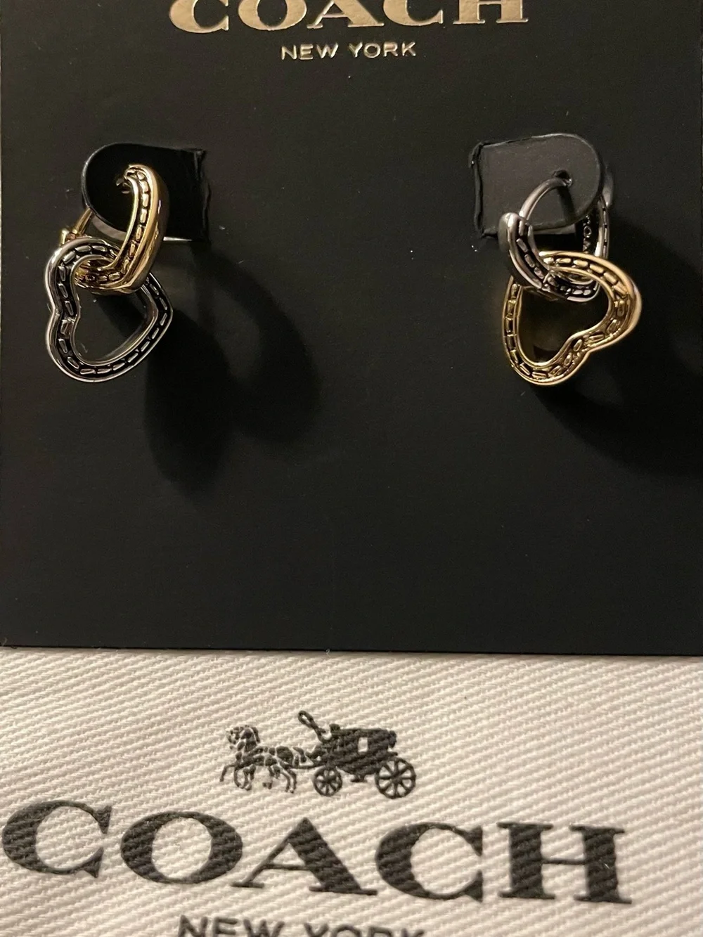 Coach Two-Tone Linked Heart Drop Earrings in Gold and Silver - Picture 2 of 3